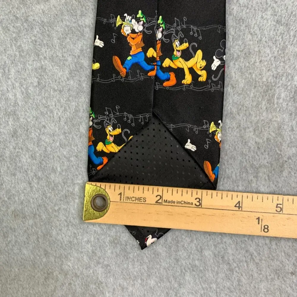 Mickey Mouse Silk Tie Goofy Pluto Black Music Notes Mens